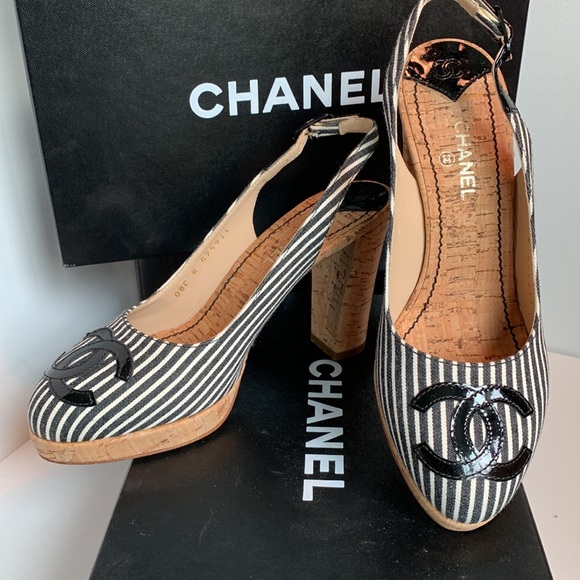 CHANEL Shoes Black White Striped Platform Cork Canvas Patent Slingback CC Heels - Picture 16 of 16